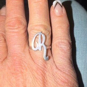 Sterling Silver Unisex Script Initial “R” Ring, Sz 7